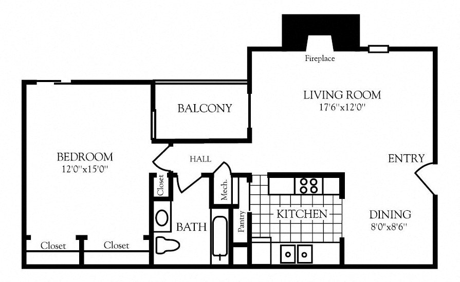 Floor plan for 1 bed, 1 bath, 744 sqft